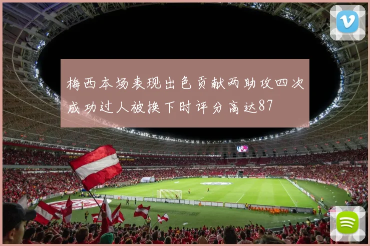 梅西本场表现出色贡献两助攻四次成功过人被换下时评分高达87